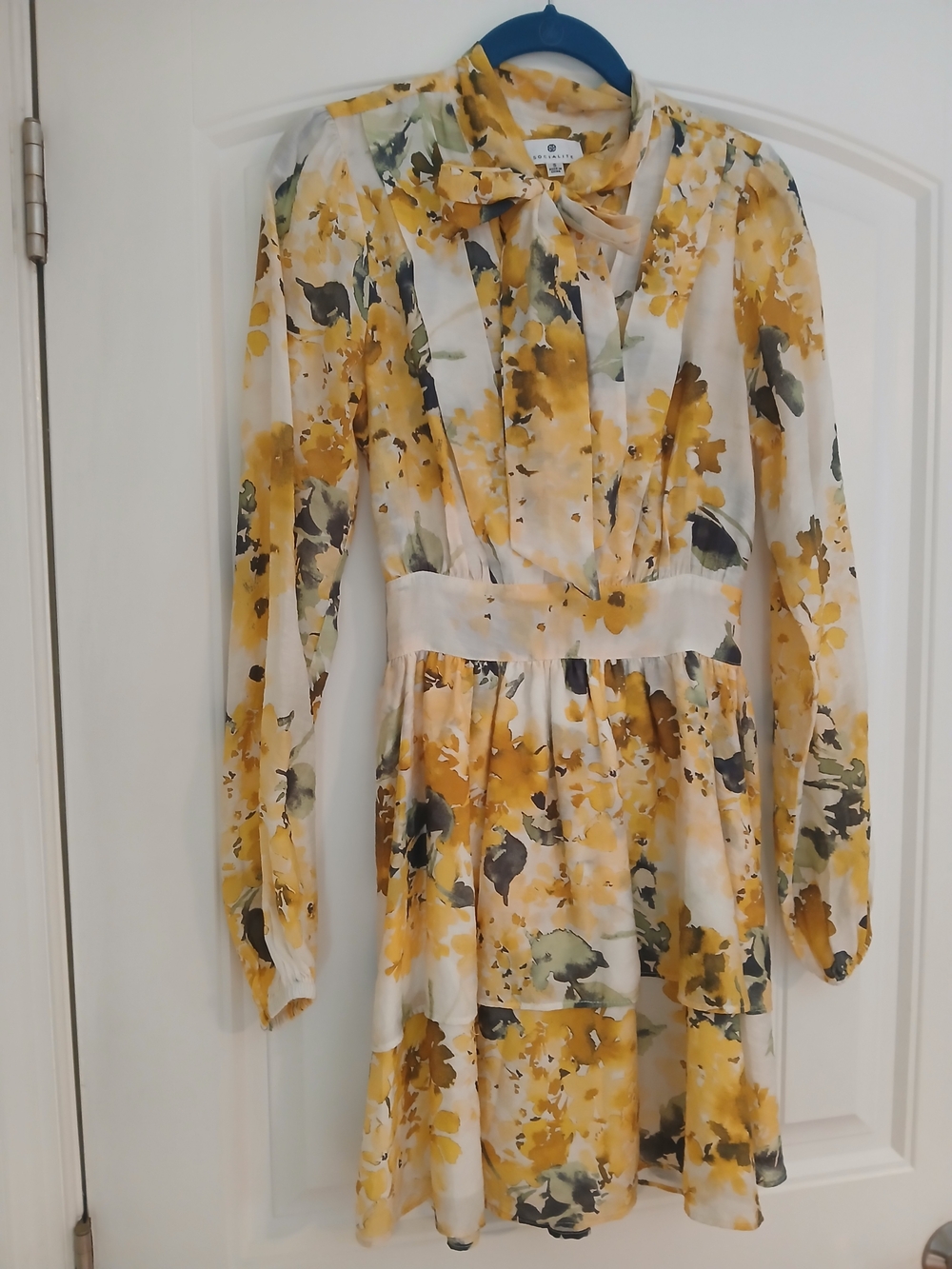 Socialite Yellow Floral Long Sleeve Tie-Neck Dress